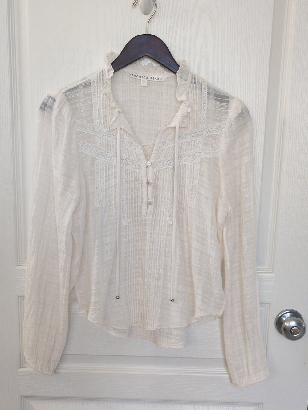 Veronica Beard Ivory 100% Cotton Ruffle Tie-Neck Blouse
